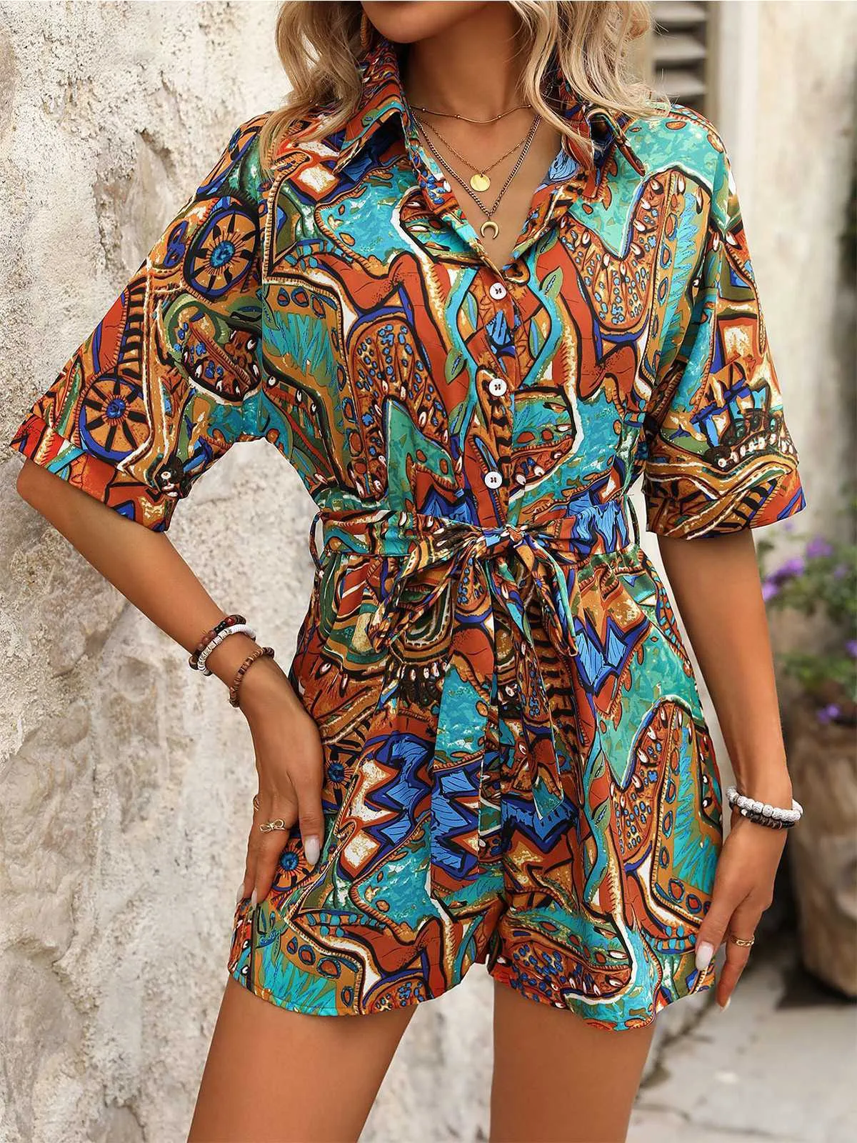 1950s Shirt Neck Print Belted Romper