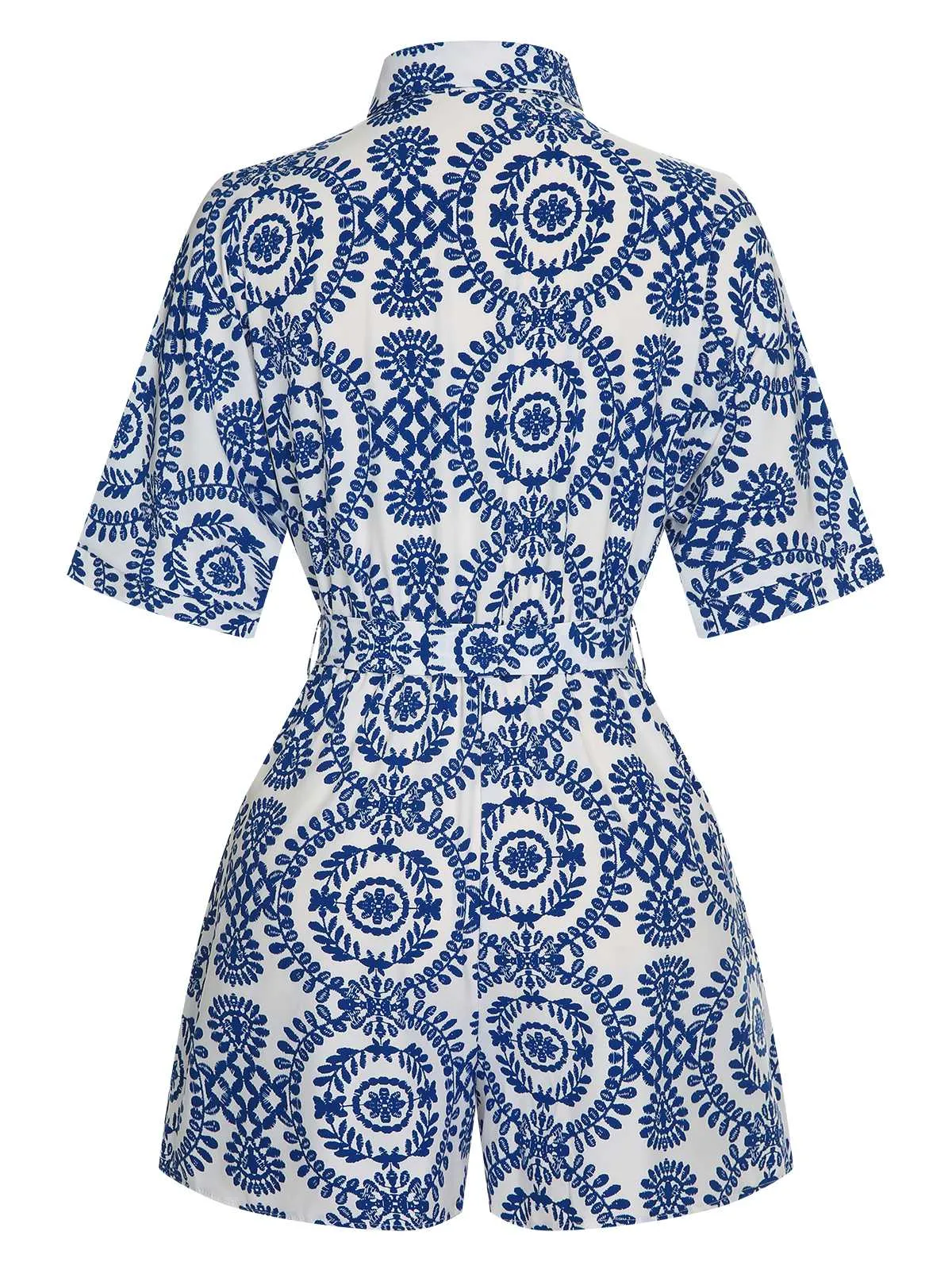 1950s Shirt Neck Print Belted Romper