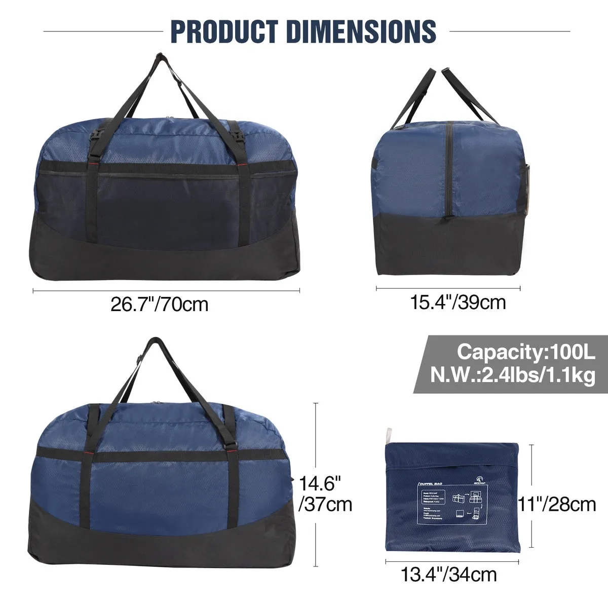 60/75/96L/100L Large Foldable Travel Bag Lightweight Sports Bag