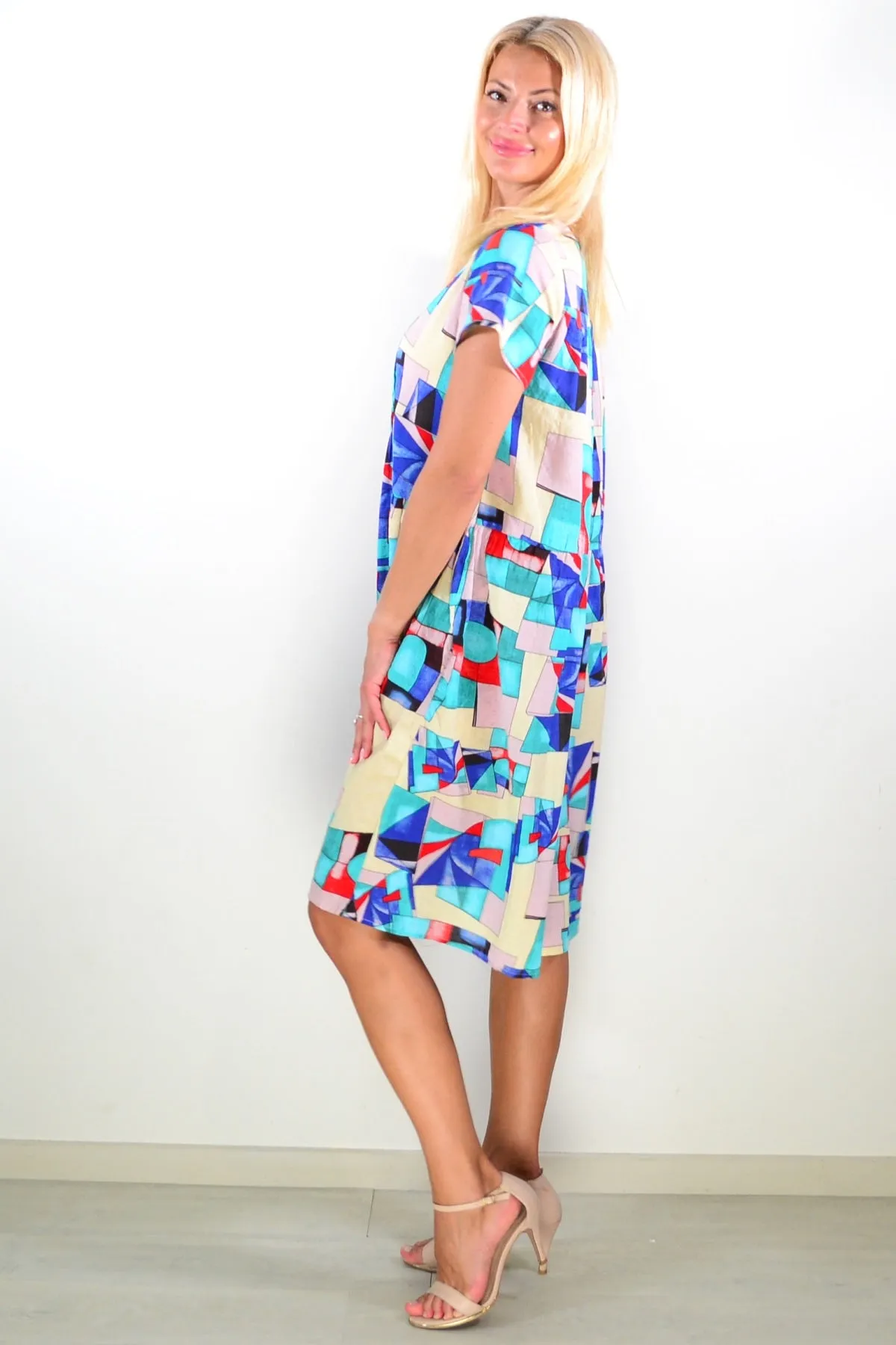 Aqua Blue Mosaic Pleats Tunic Dress