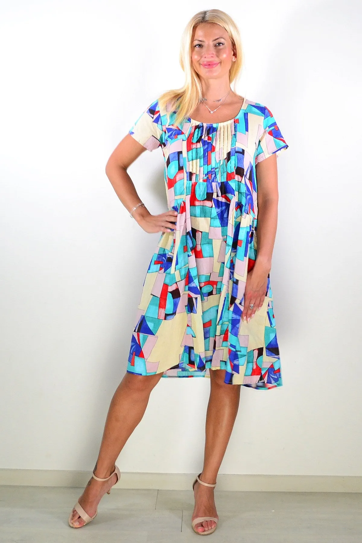 Aqua Blue Mosaic Pleats Tunic Dress