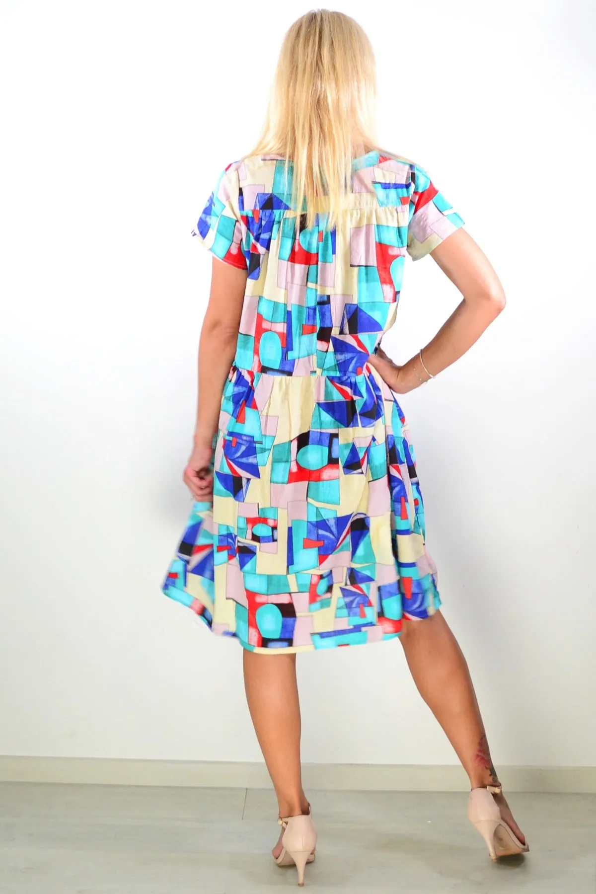 Aqua Blue Mosaic Pleats Tunic Dress