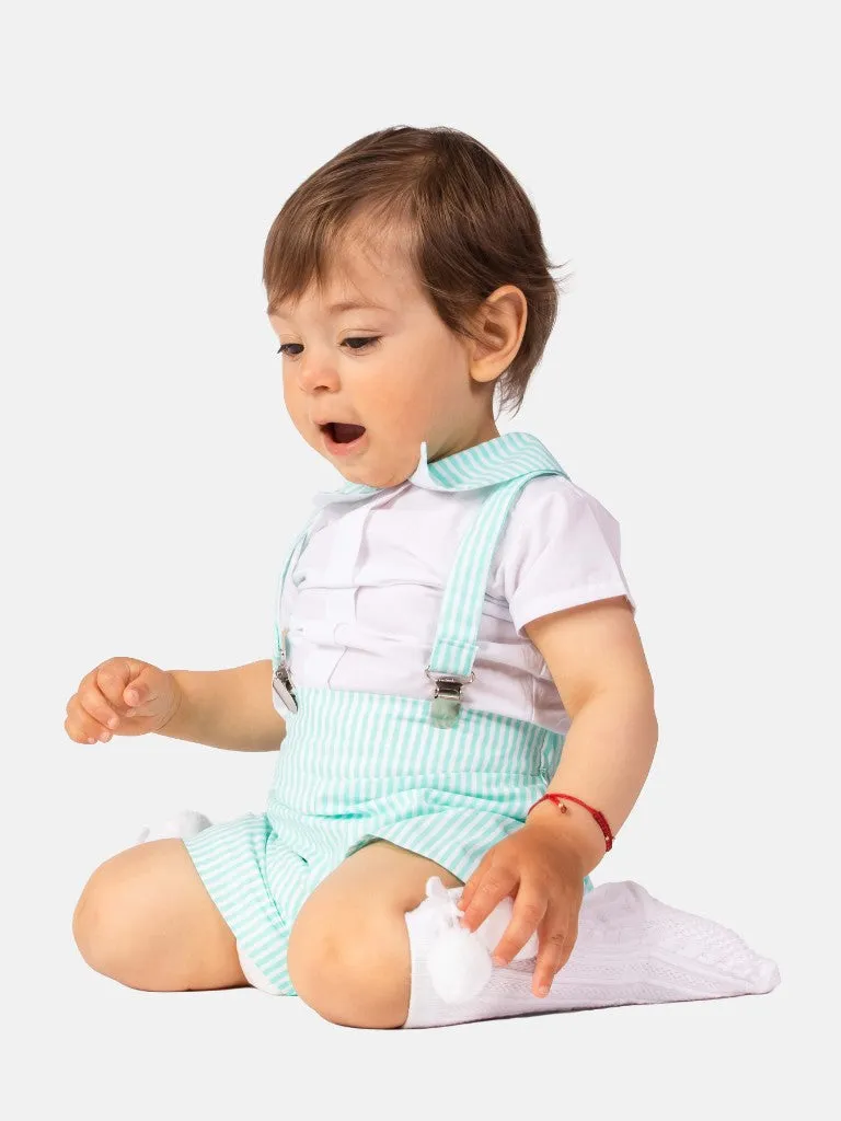 Baby Boy Matias Collection Striped Spanish Romper Set-Aqua Blue