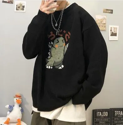 Black Knitted Sweater Men Winter Mens Clothes Pullover Mens Sweaters Harajuku Sweater Little Monster Print  M-3XL