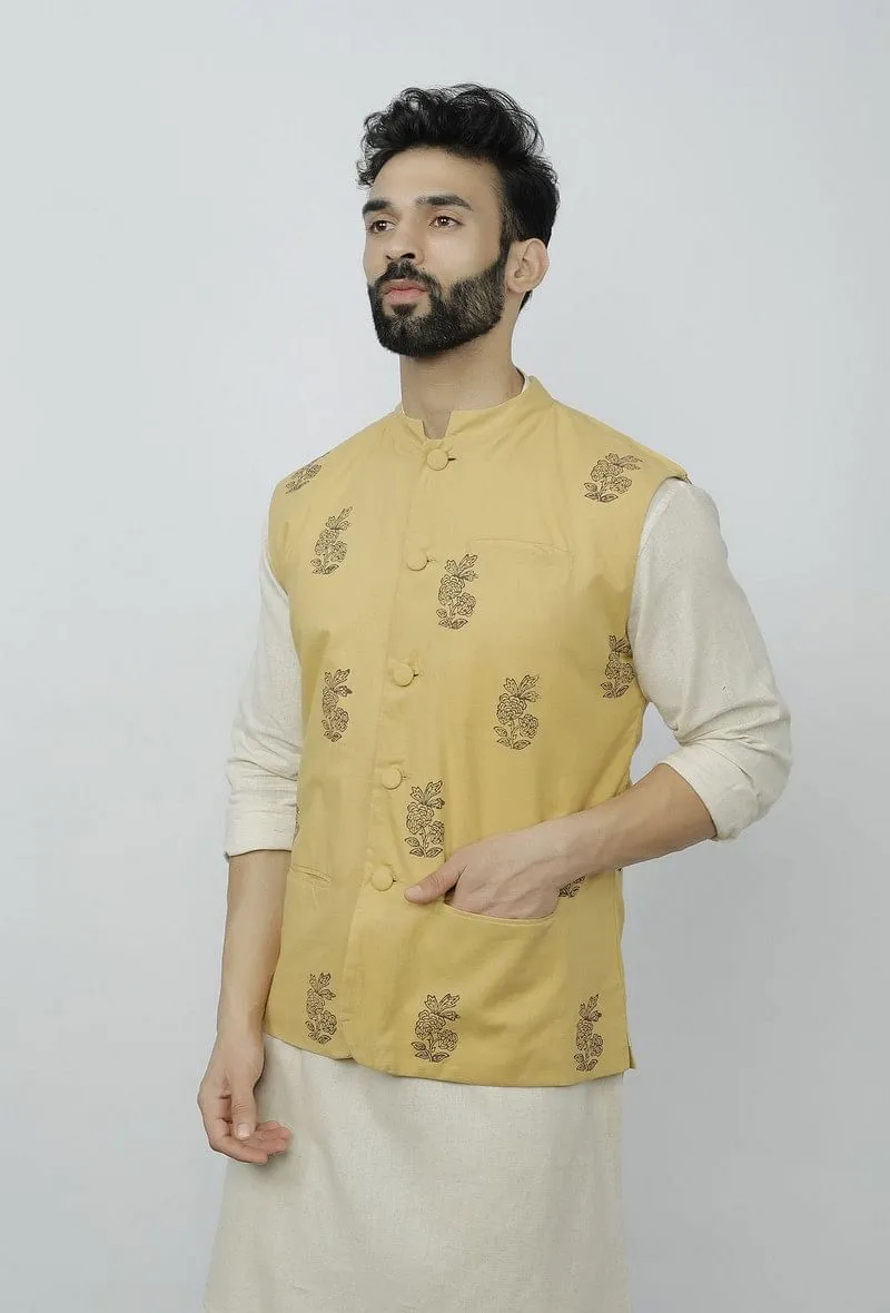 Block Printed Yellow Waist Coat