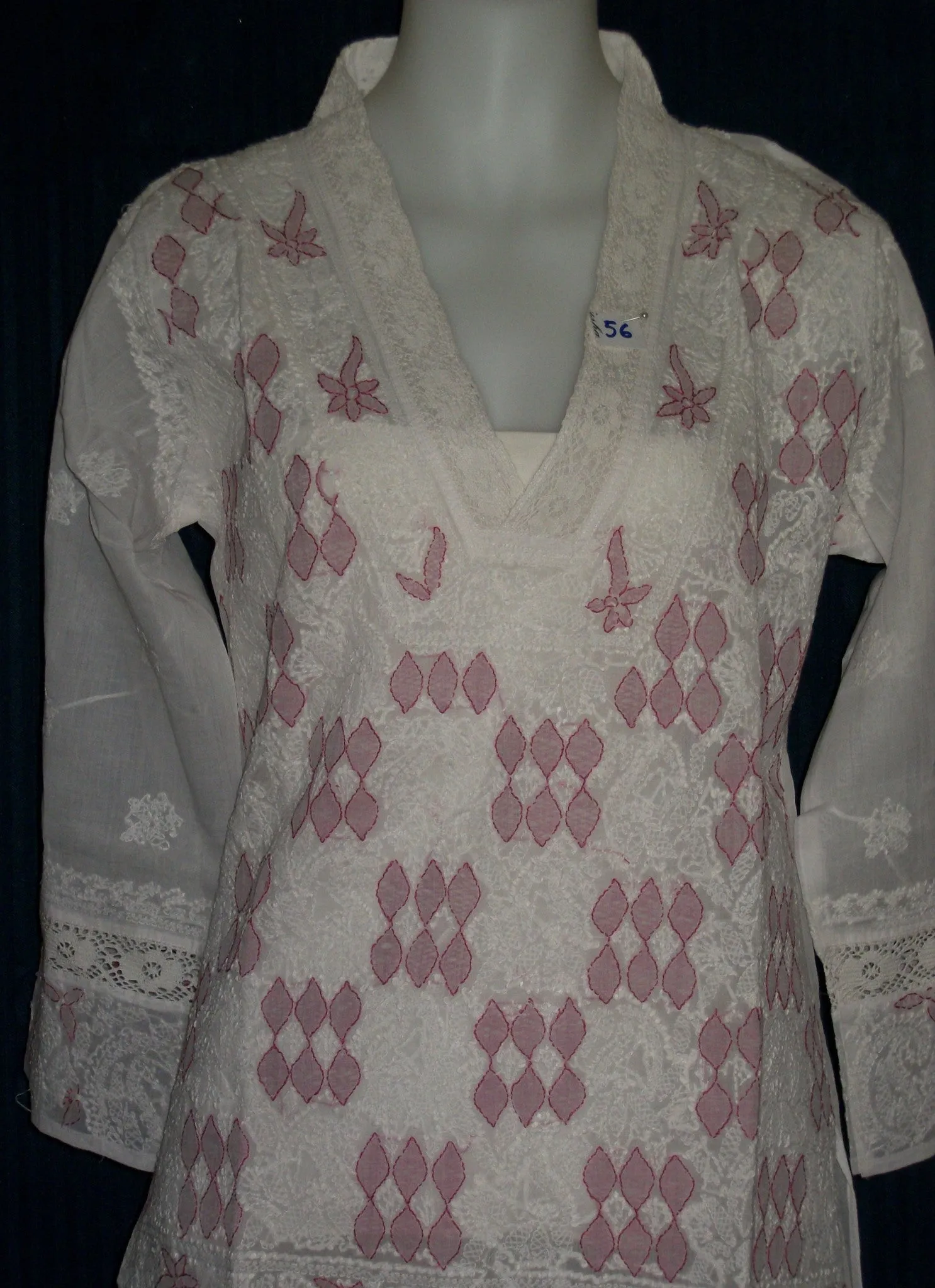 Blouse 056 Cotton Organdy White Hand Embroidered Tunic Top Kurti Medium Size