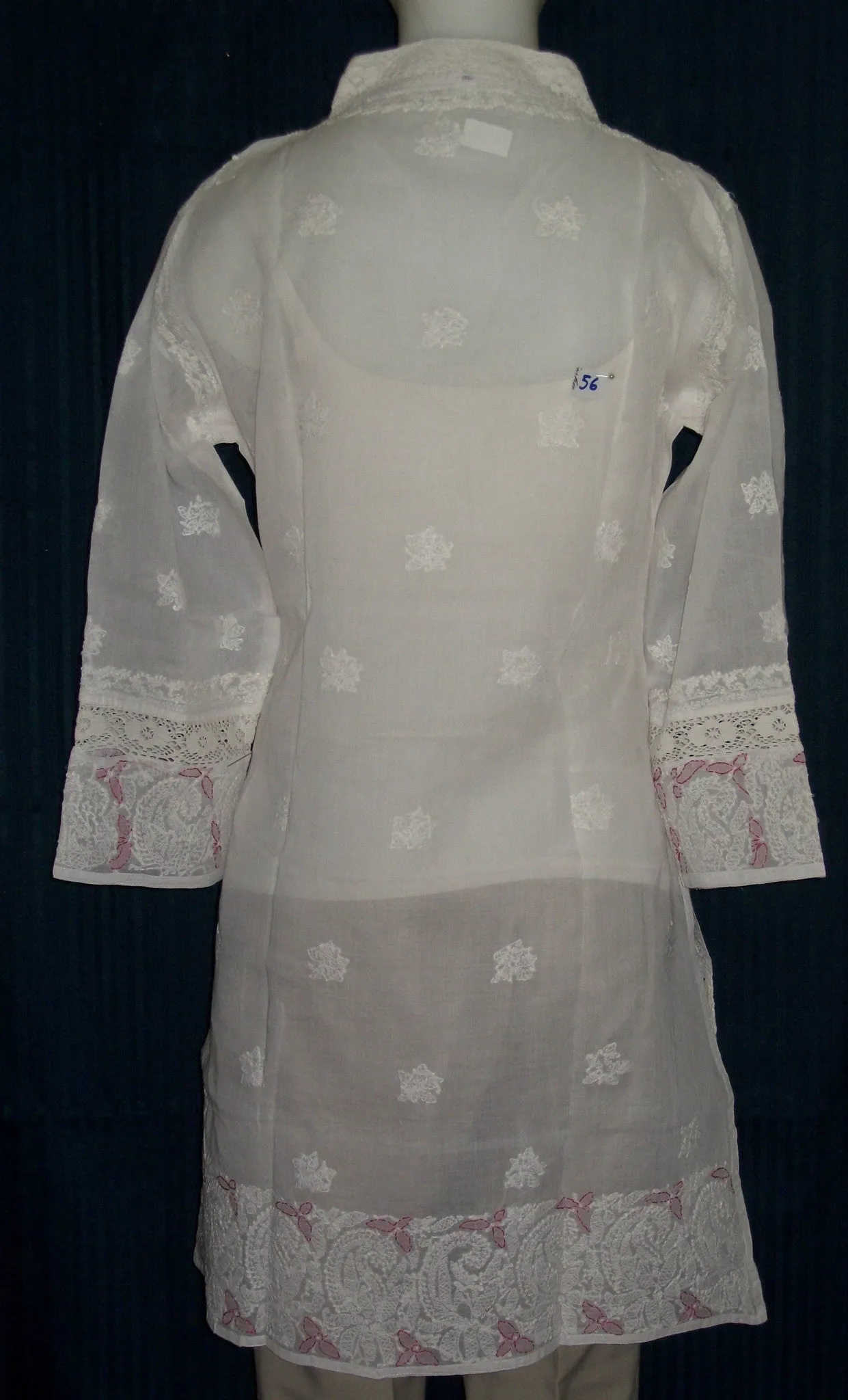 Blouse 056 Cotton Organdy White Hand Embroidered Tunic Top Kurti Medium Size