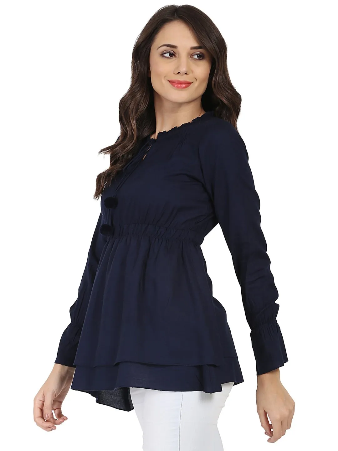 Blue Full sleeve rayon tunic with Dori & Latkan work at yoke