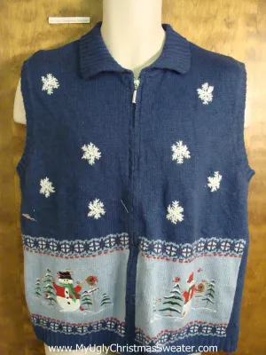 Blue Tacky Bad Christmas Sweater Vest with Snow