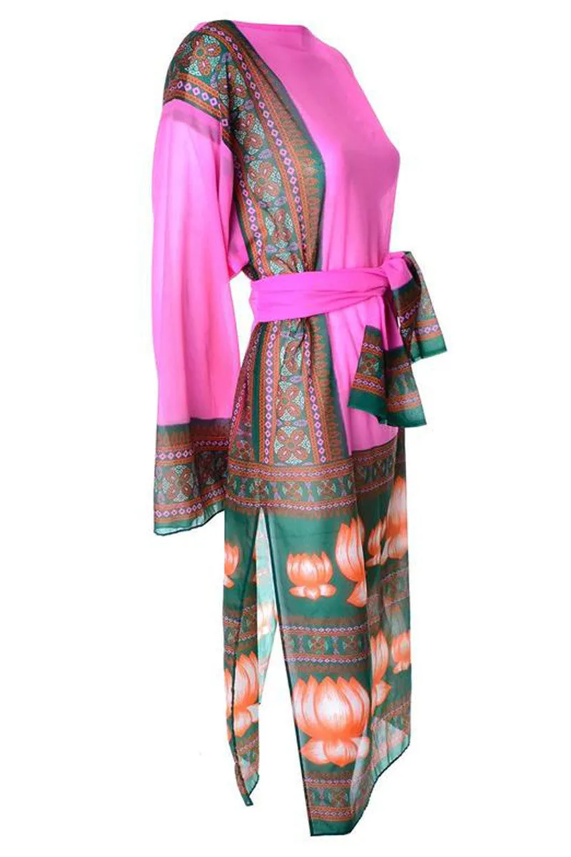 Bob Bugnand Boutique Vintage Pink Water Lily Caftan Tunic With Scarf