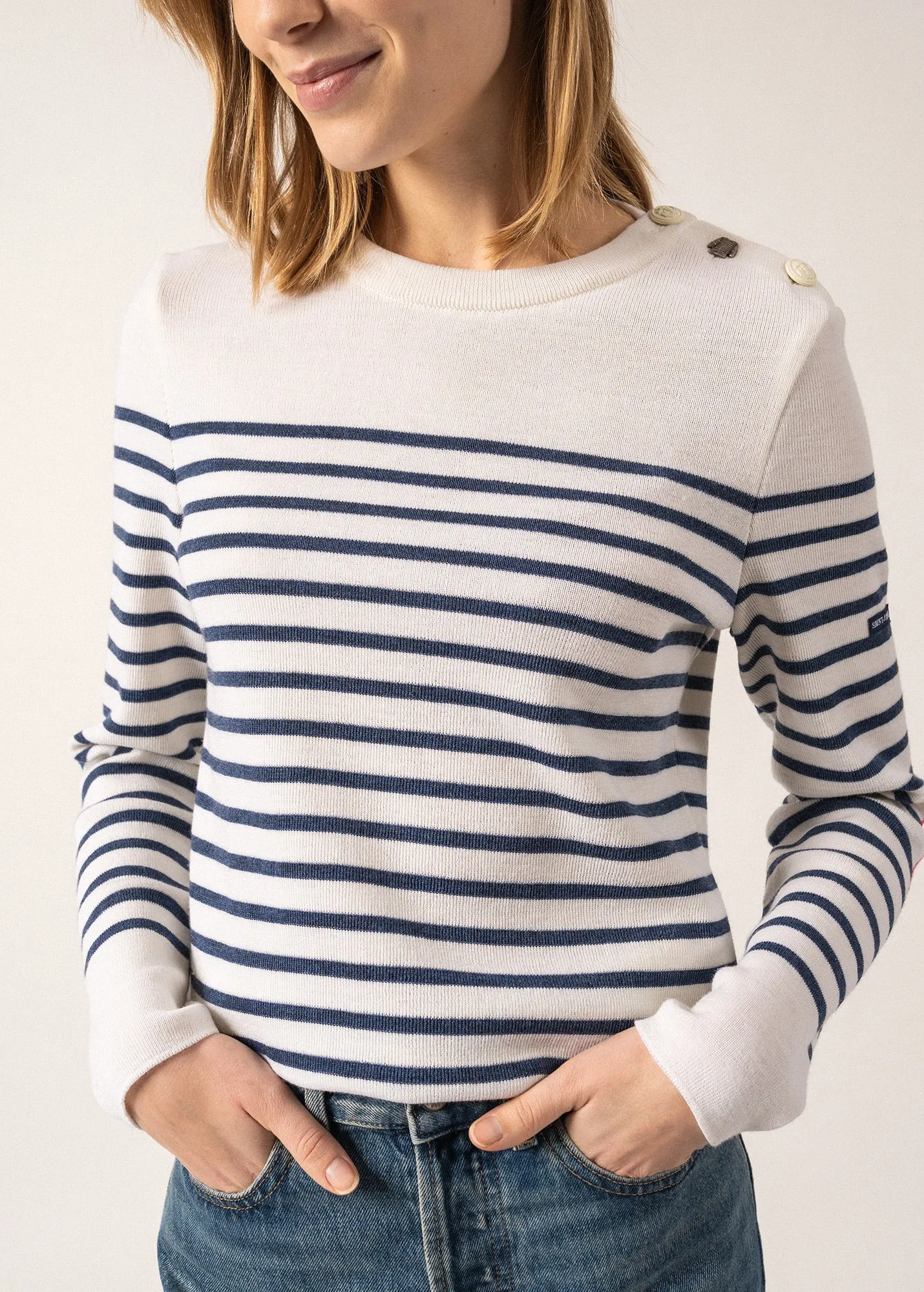 Brégançon striped sailor jumper - with contrasting elbow patches (BLANC/JEAN/DOLY)