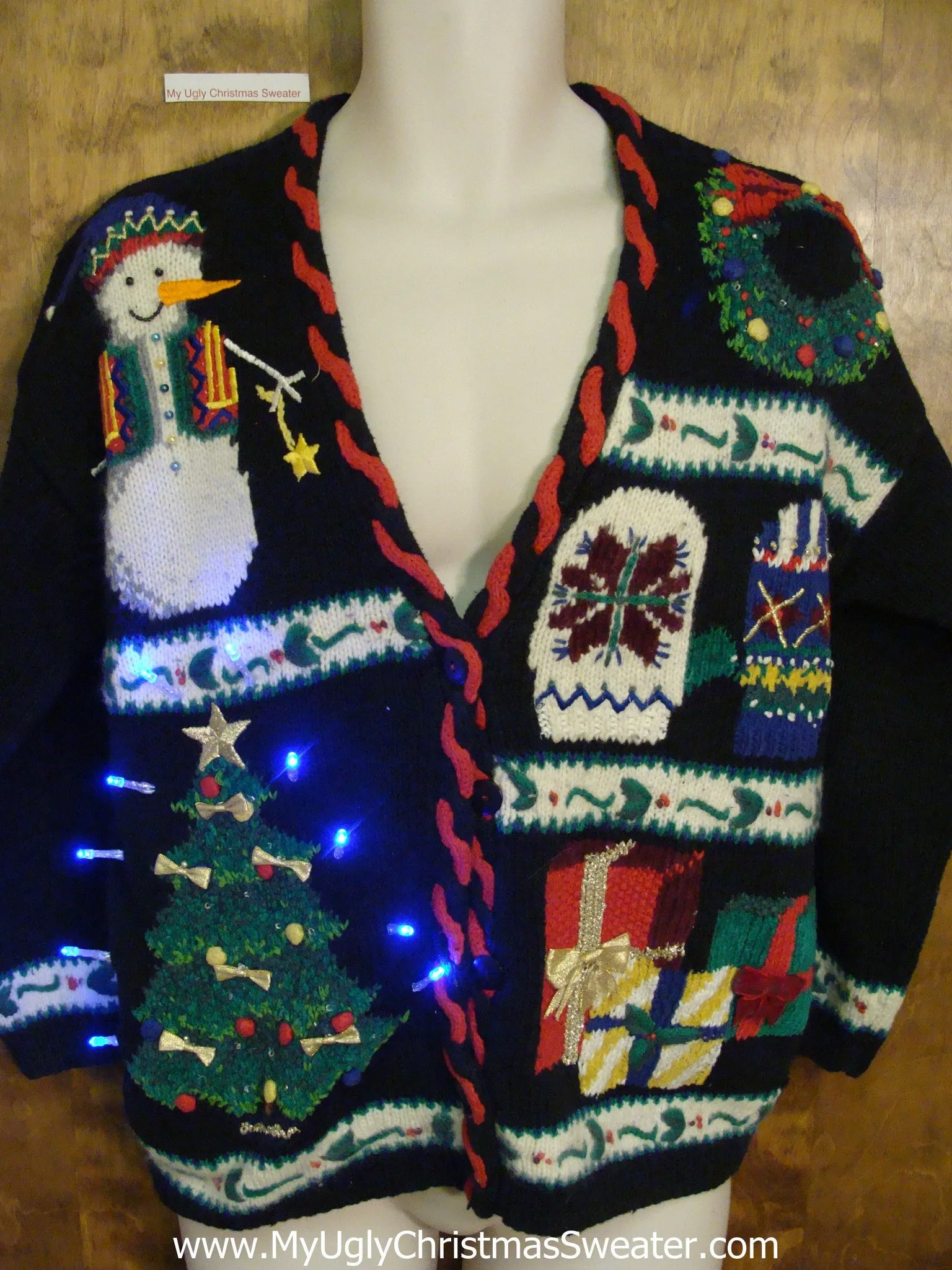 Busy Cheesy Light Up Ugly Xmas Sweater with Bear and Tree