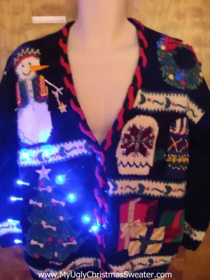 Busy Cheesy Light Up Ugly Xmas Sweater with Bear and Tree