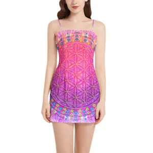 Cameron Gray | Flower Of Life | Sleeveless Square Neckline Spaghetti Strap Mini Dress