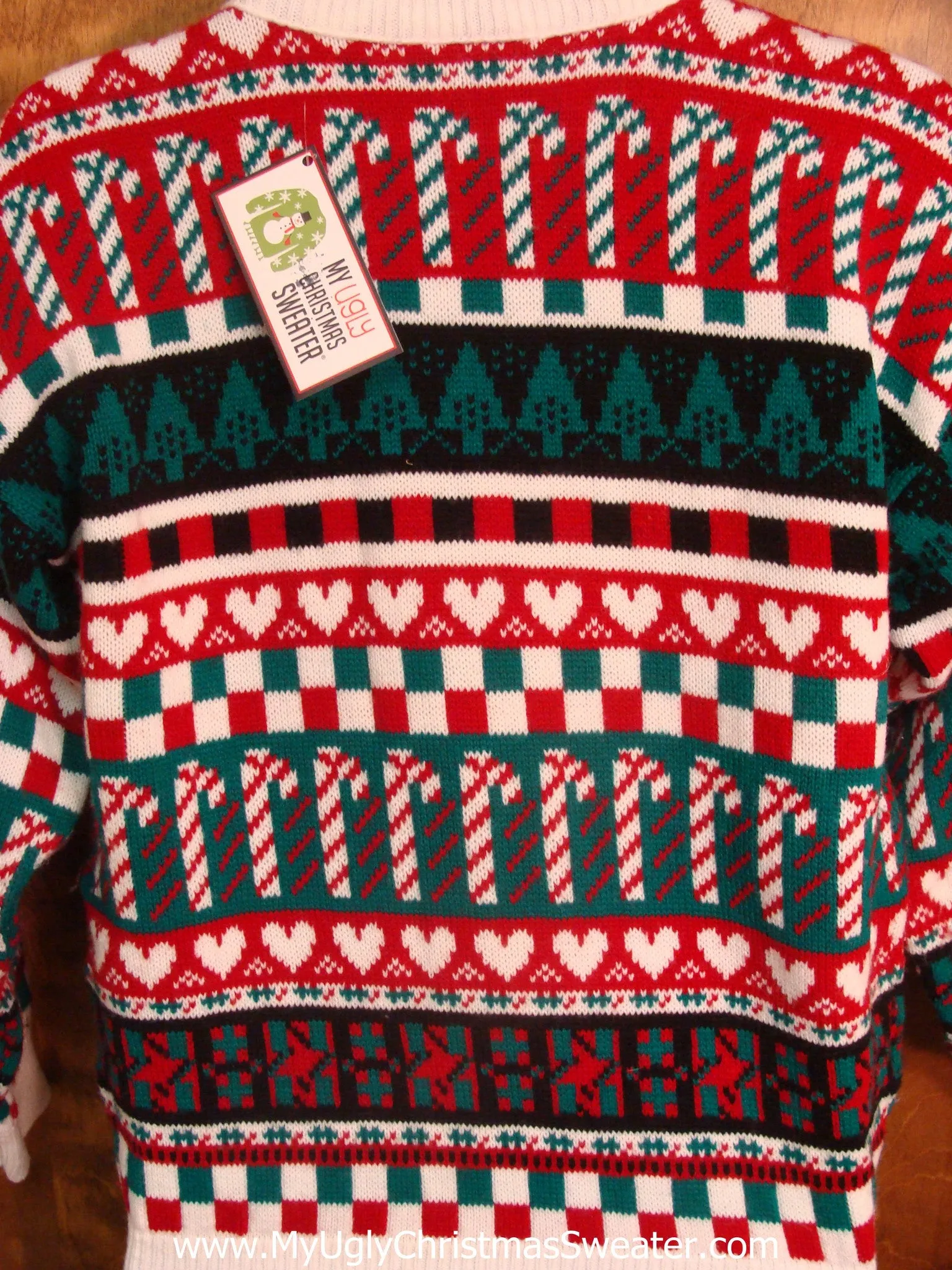 Candy Cane, Hearts, and Tree Design Tacky Xmas Sweater