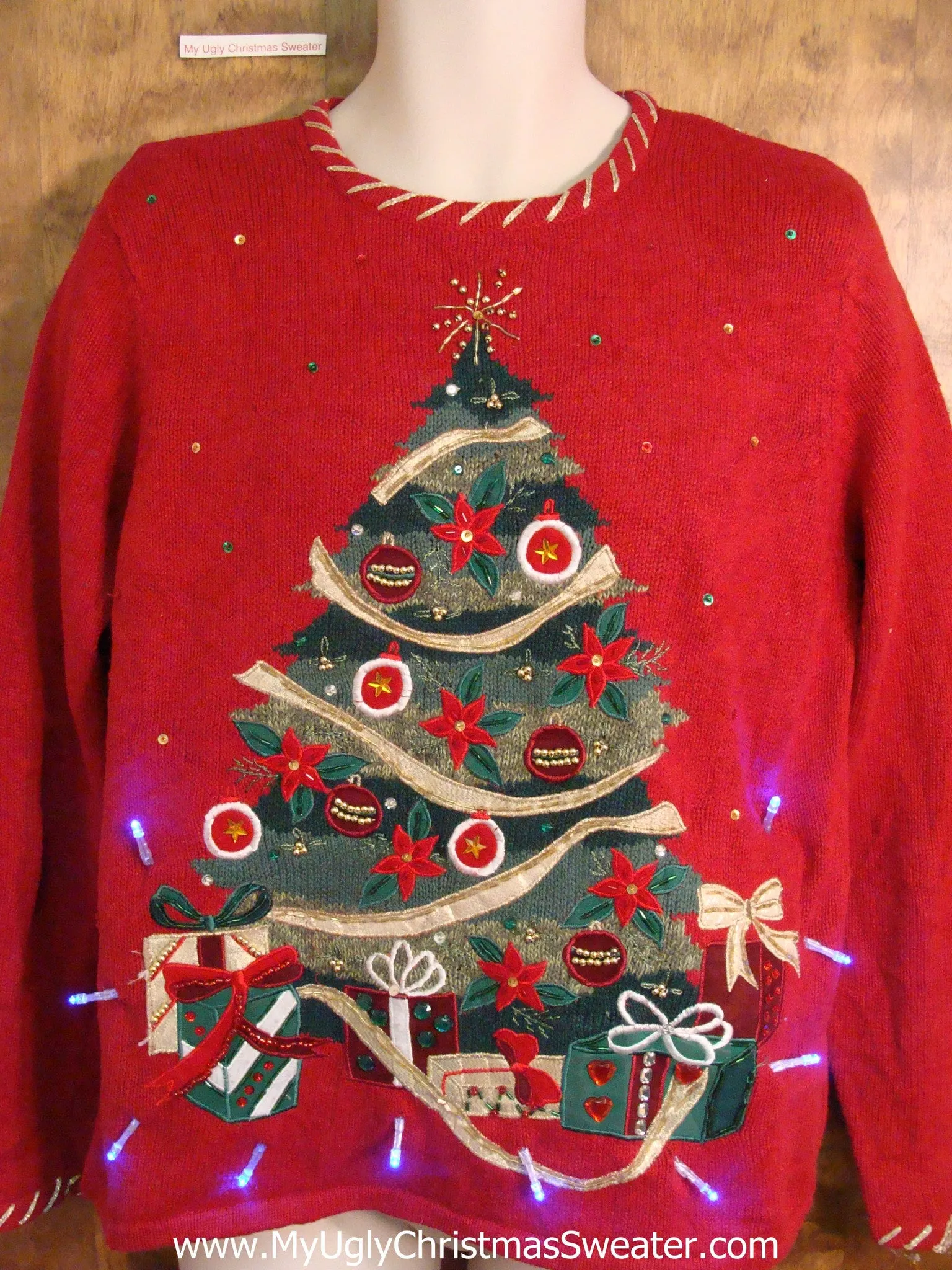 Crazy Red 80s Tree Christmas Sweater with Lights