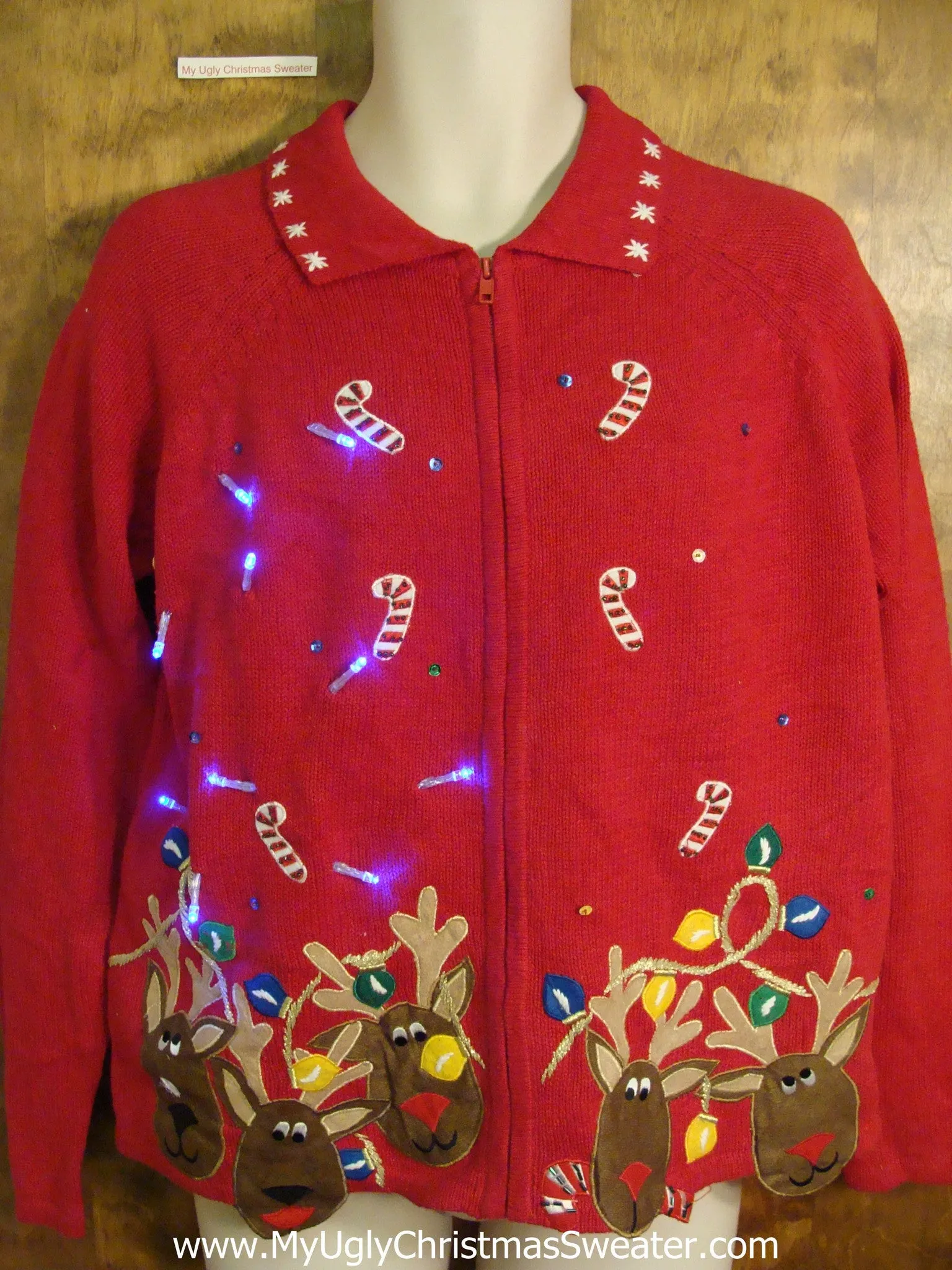 Crazy Reindeer and Candycane Christmas Sweater with Lights