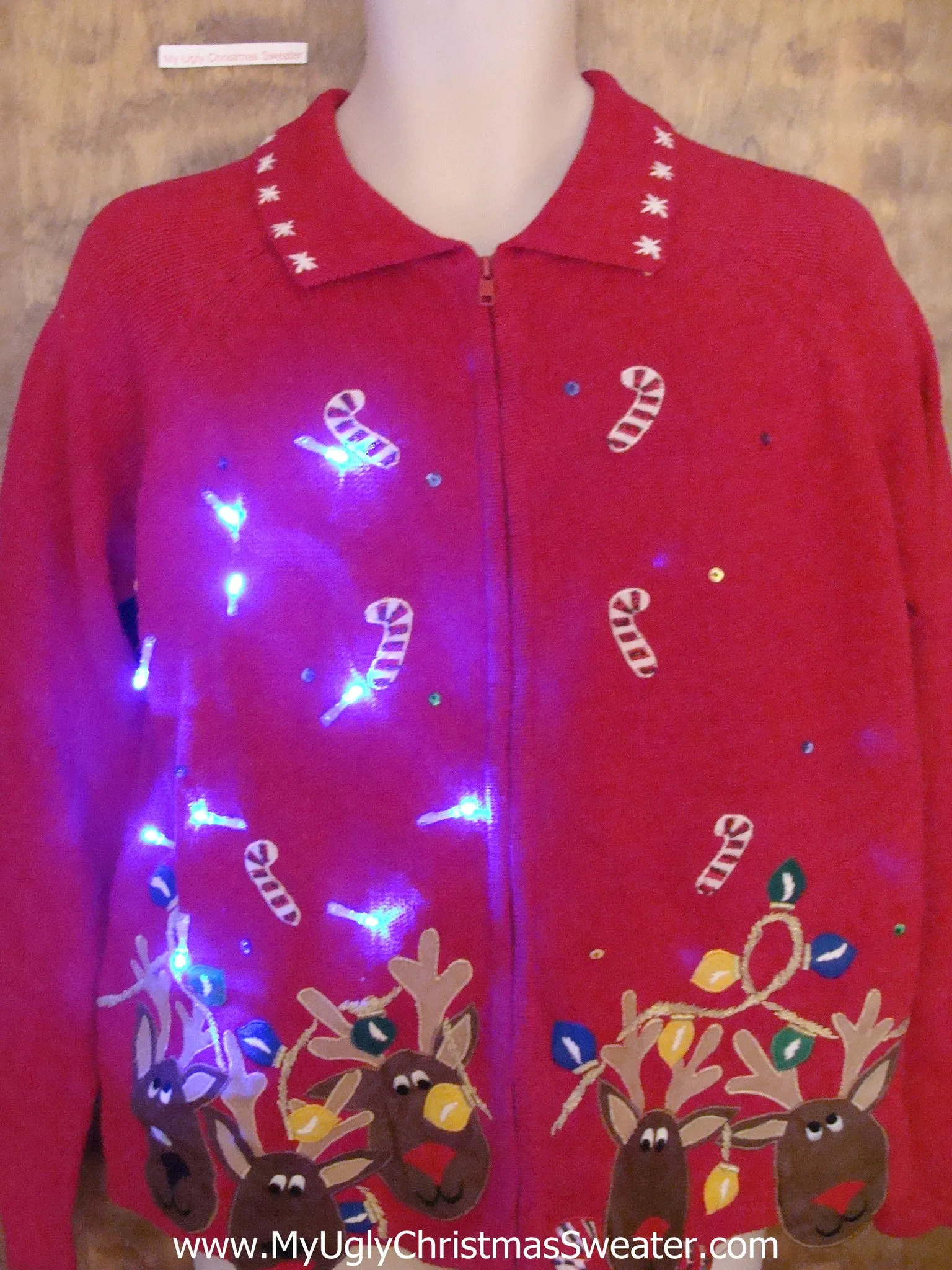 Crazy Reindeer and Candycane Christmas Sweater with Lights