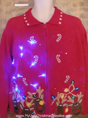 Crazy Reindeer and Candycane Christmas Sweater with Lights