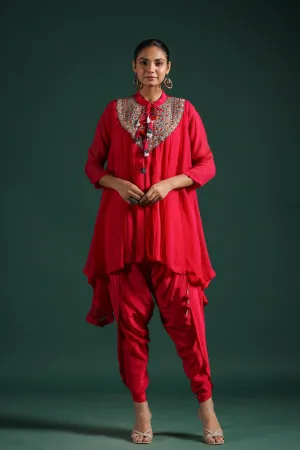 Crimson Red Embroidered Tunic With Dhoti Pants