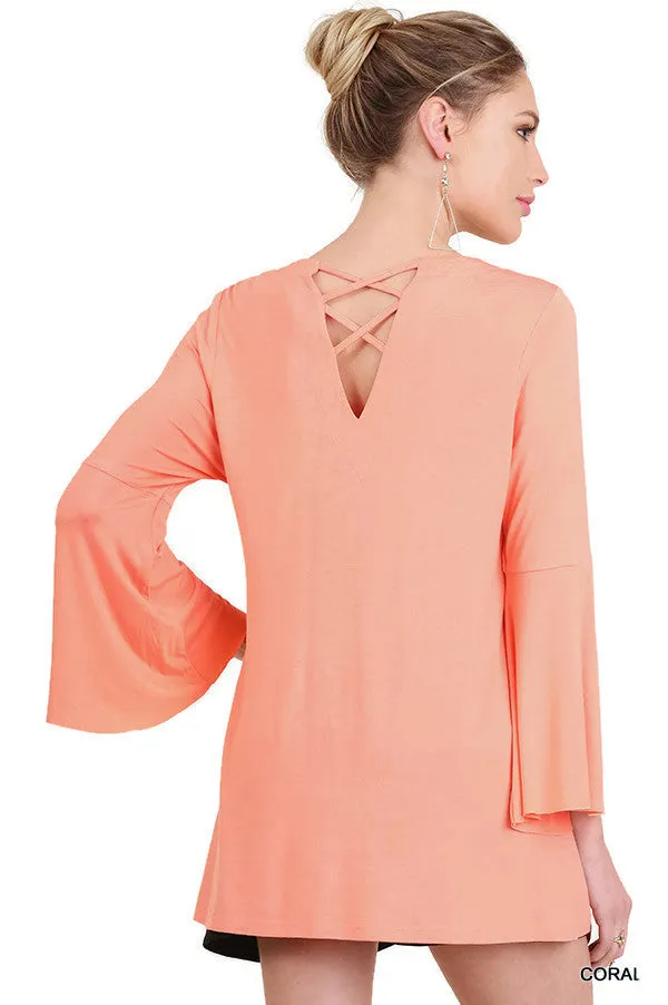 Crossed Neck Bell Sleeve Tunic, Coral