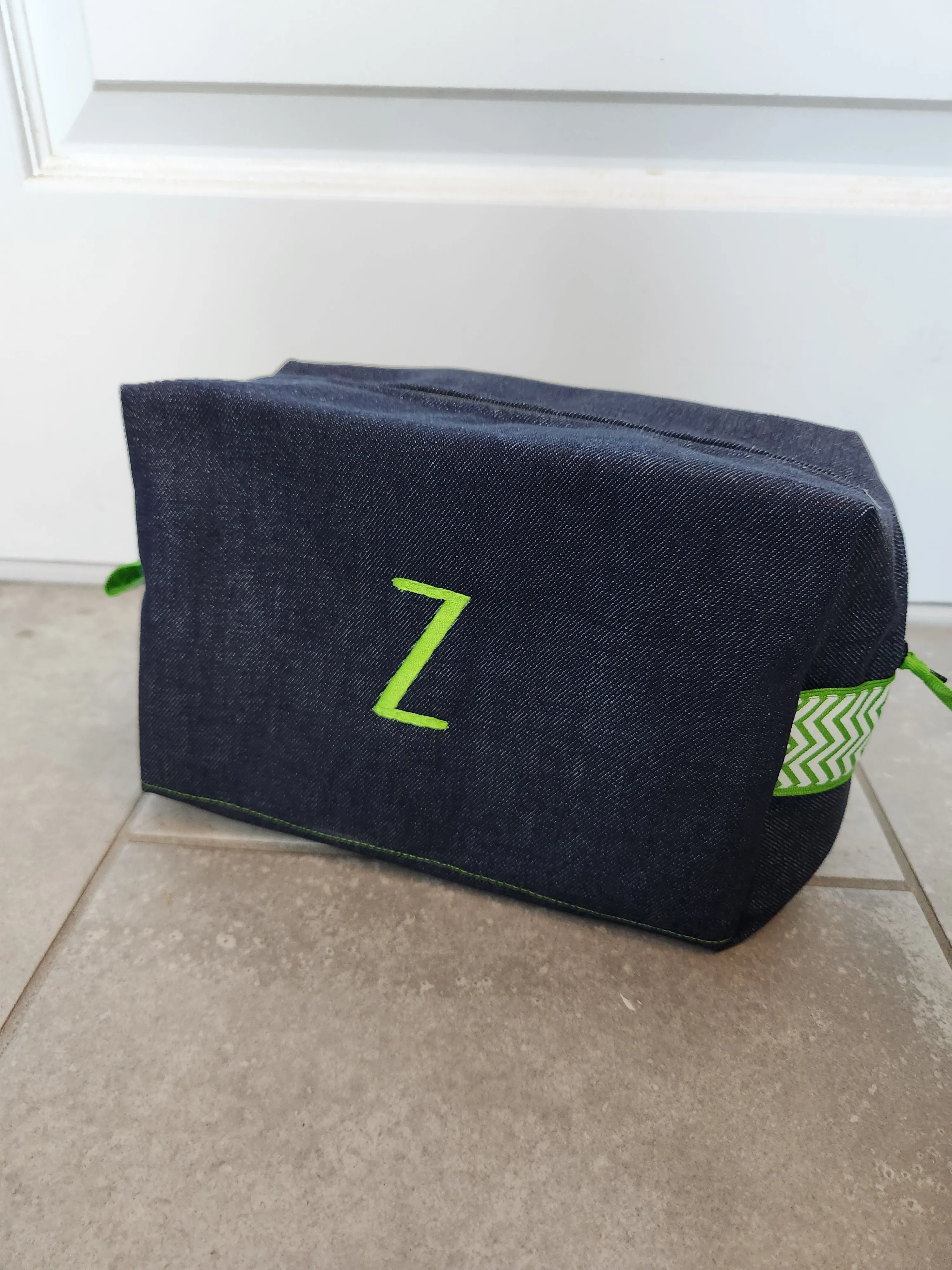 Denim with Green Chevron Toiletry Bag