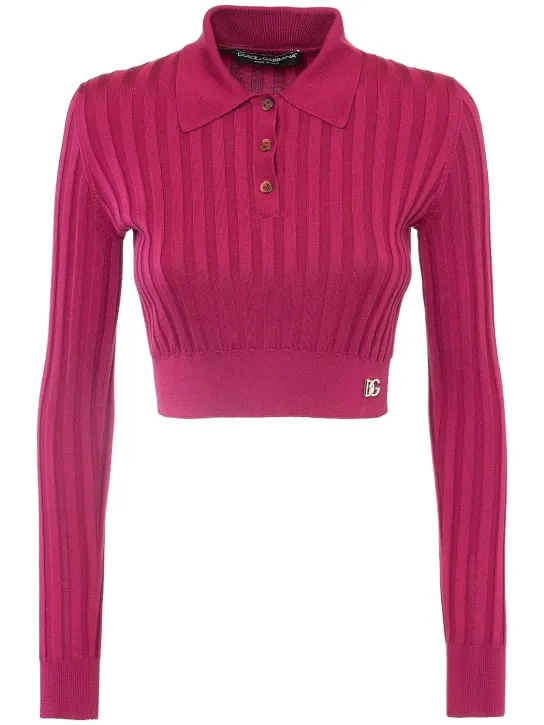 Dolce&amp;Gabbana   Silk rib knit polo crop sweater 