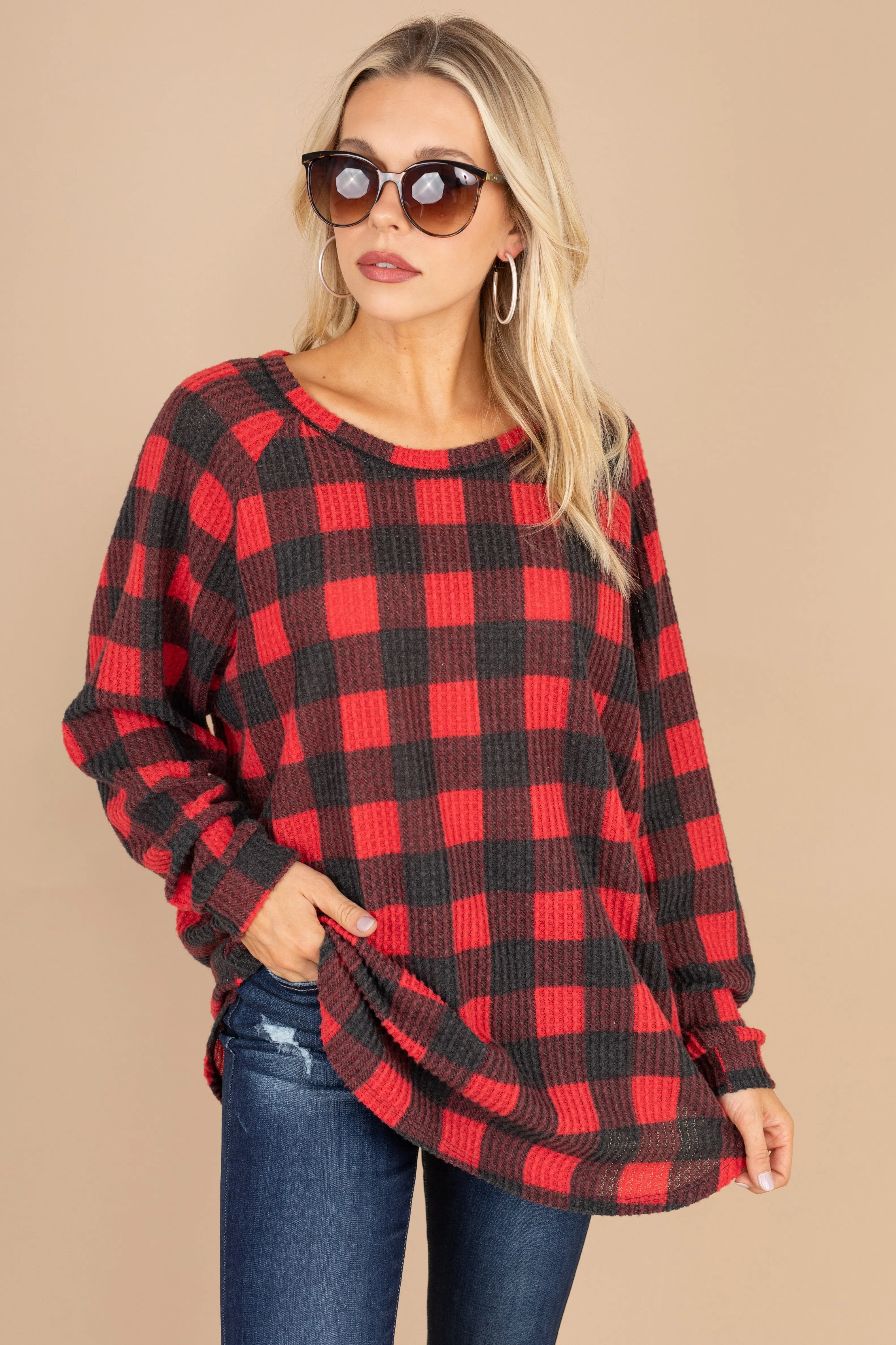 Easy Like Sunday Red Buffalo Plaid Waffle Tunic