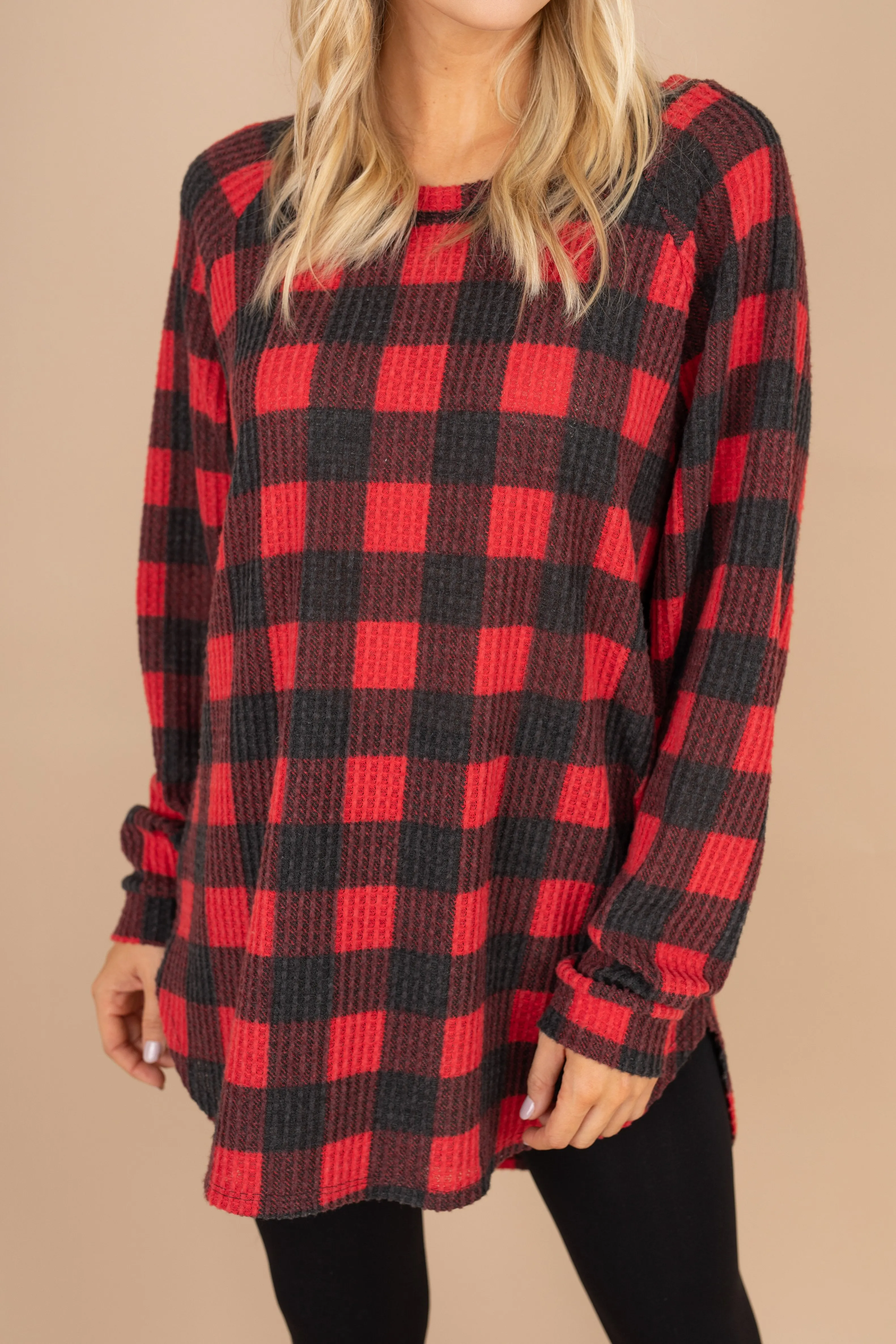 Easy Like Sunday Red Buffalo Plaid Waffle Tunic