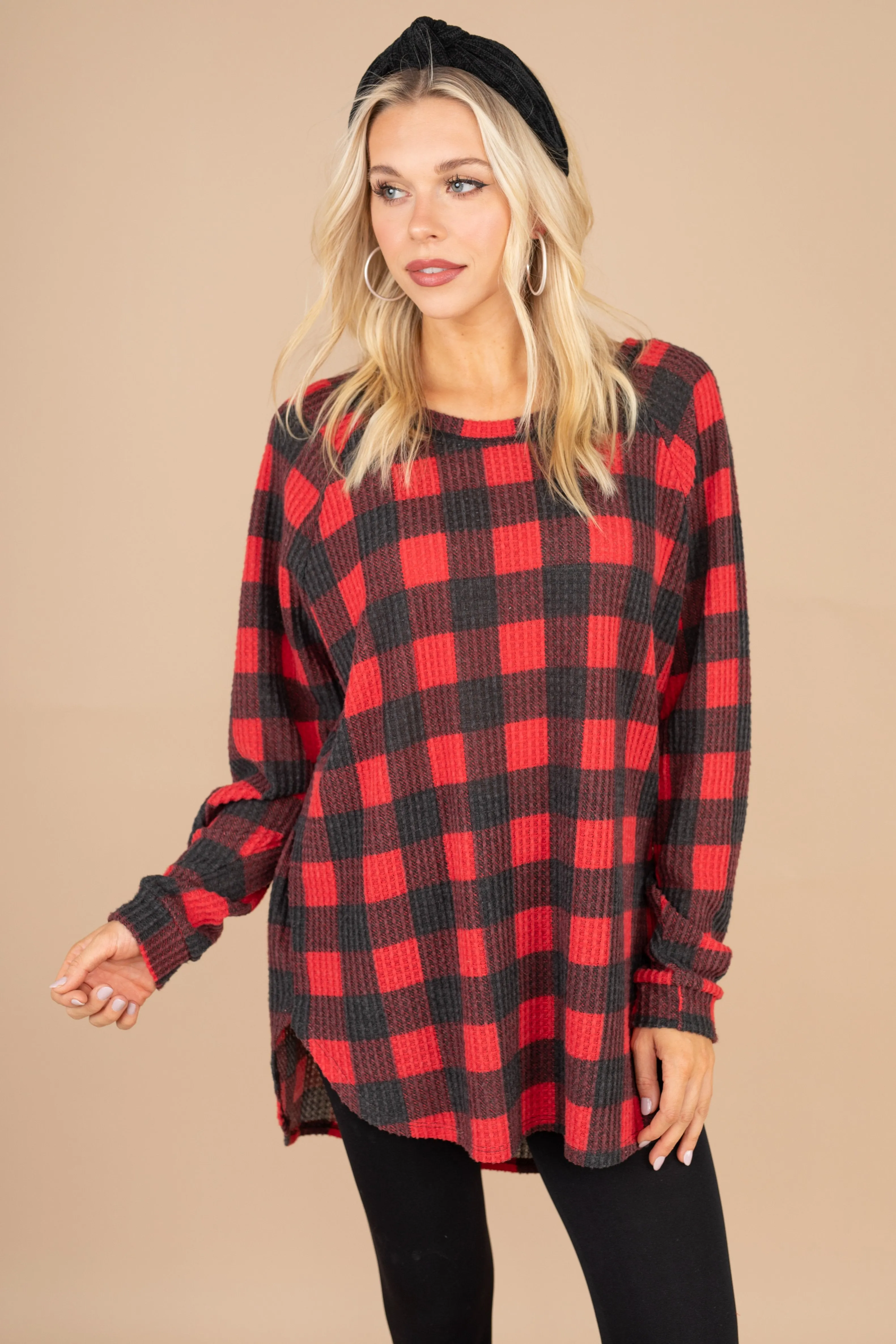 Easy Like Sunday Red Buffalo Plaid Waffle Tunic