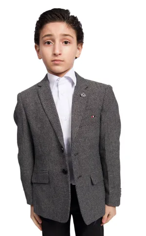 ELIE BALLEH Boys BLACK Harringbone Wool Blazer JACKET