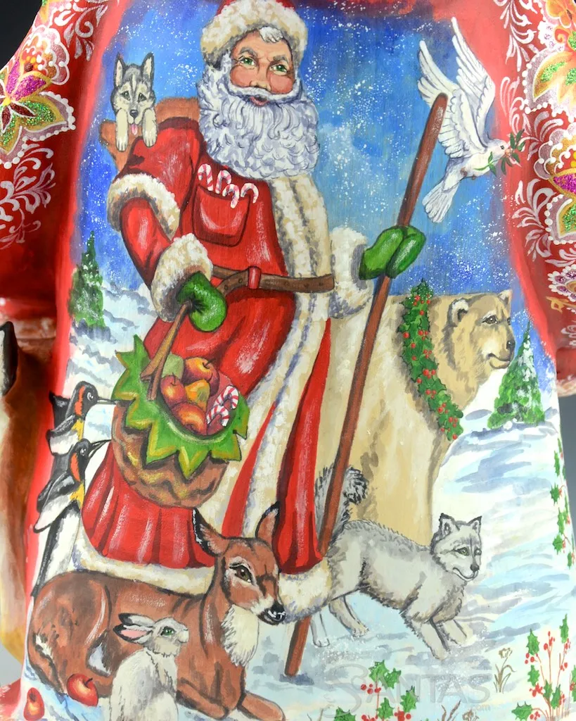 Floral Russian Santa with Deer and Santa Scene