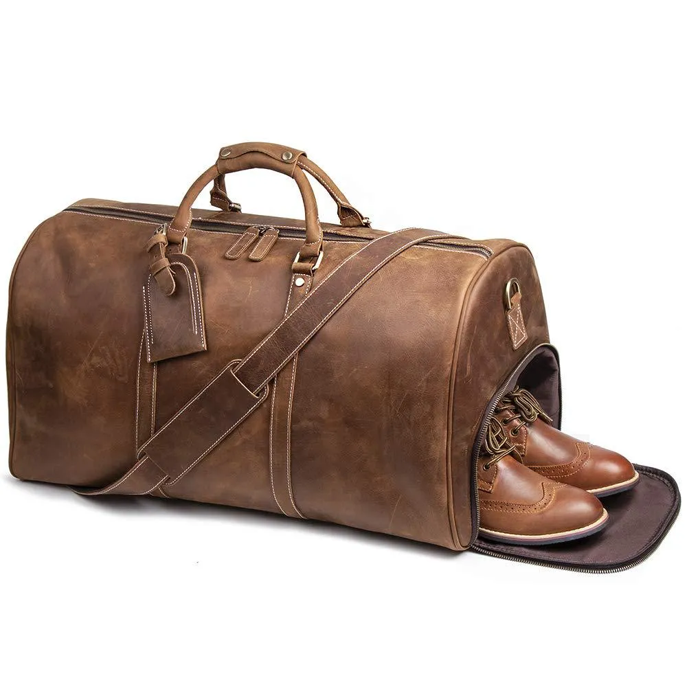 Genuine Leather Travel Bag with Shoe Pocket Travel Duffle