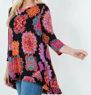 Geometric Colorful Medallion Hi Low Dressy Modest Tunic Top