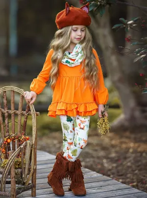 Girls 3/4 Sleeve Double Ruffle Orange Tunic, Leggings and Scarf Set