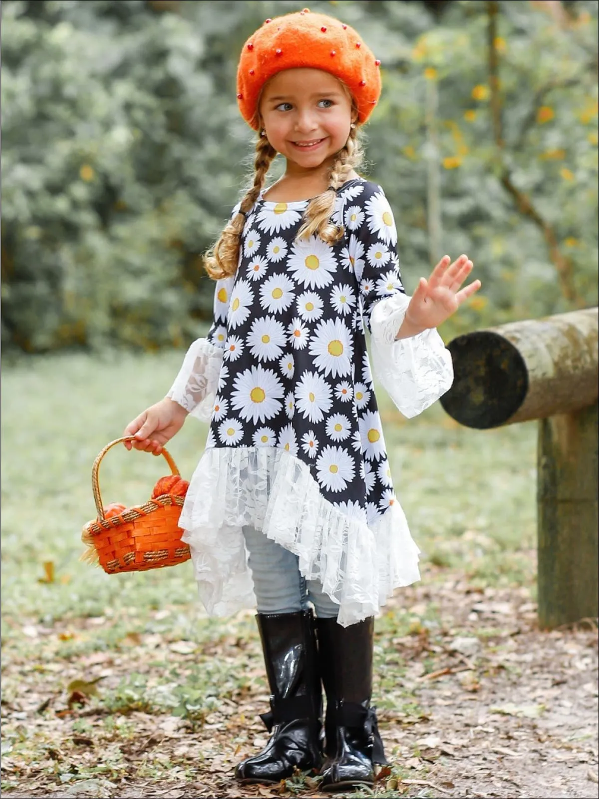 Girls Black Daisy Print Sidetail Lace Boho Sleeve Tunic