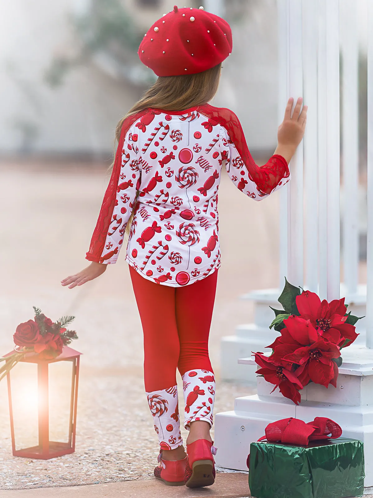 Girls Lace Contrast Long Sleeve Tunic And Matching Cuffed Legging Set