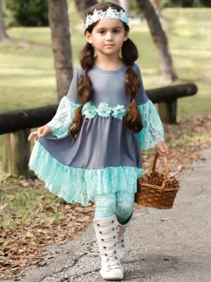 Girls Lace Ruffled Hi-Lo Waist Trim Tunic And Legging Set