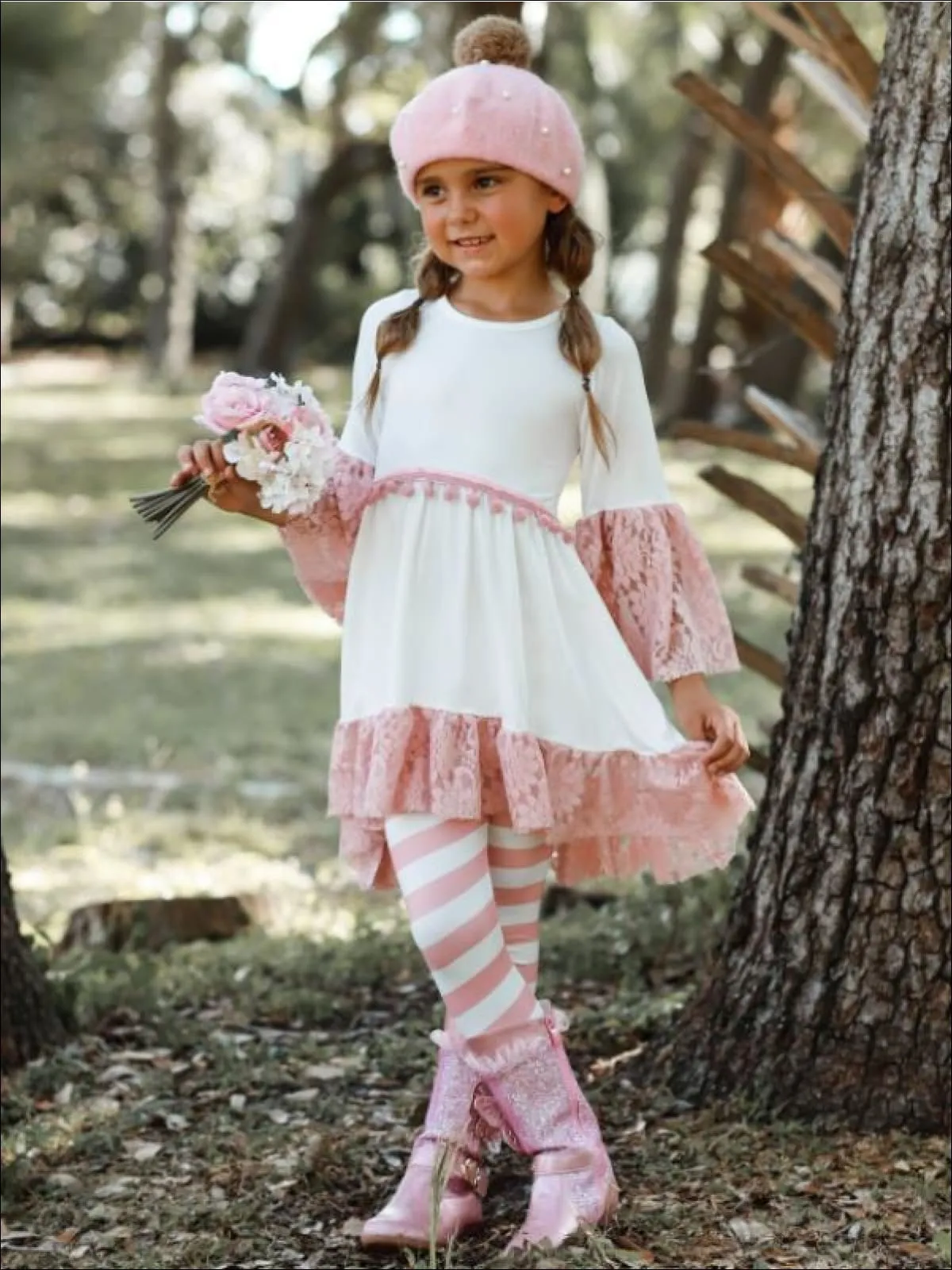 Girls Lace Ruffled Hi-Lo Waist Trim Tunic And Legging Set