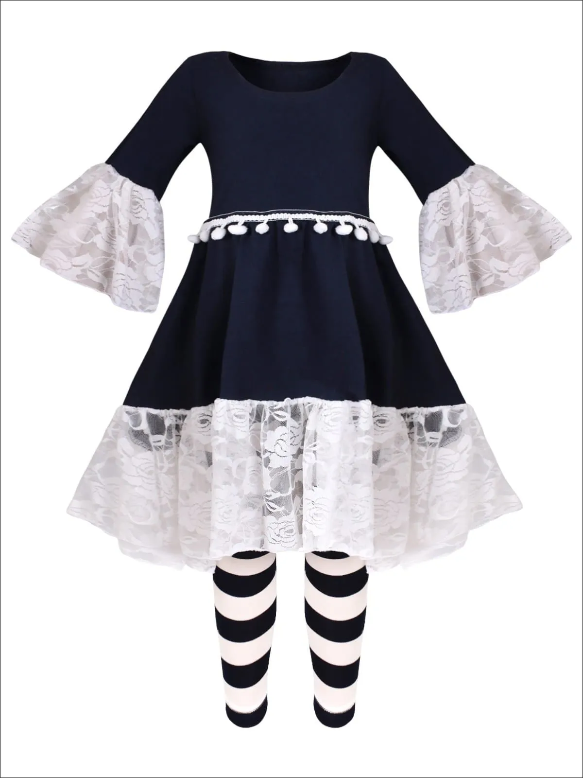 Girls Lace Ruffled Hi-Lo Waist Trim Tunic And Legging Set