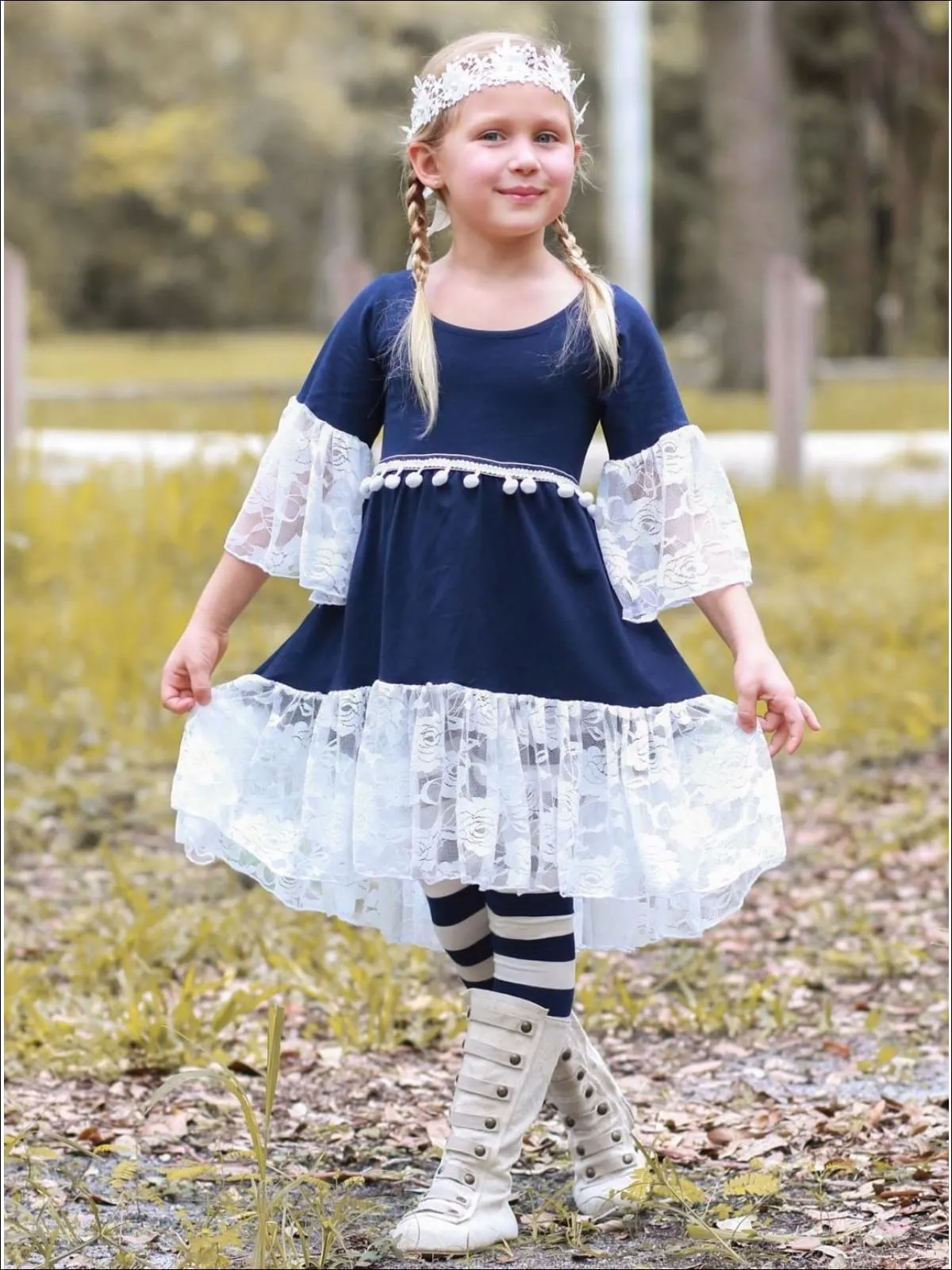 Girls Lace Ruffled Hi-Lo Waist Trim Tunic And Legging Set