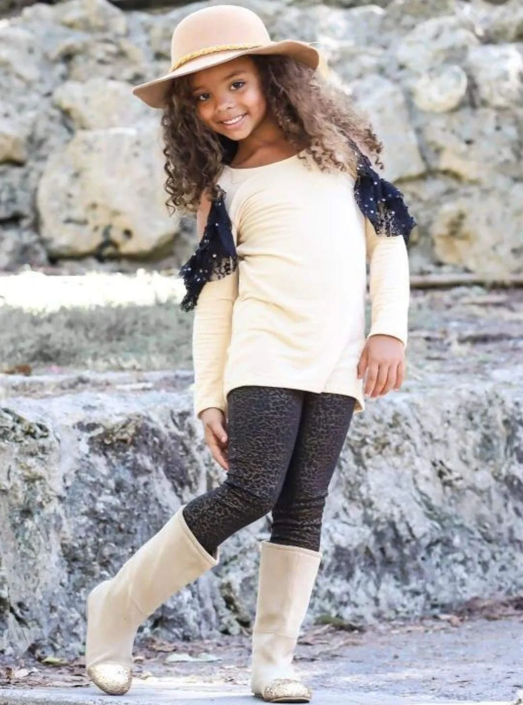 Girls Long Sleeve Cold Shoulder Lace Ruffled Tunic And Animal Print Pencil Pants Set