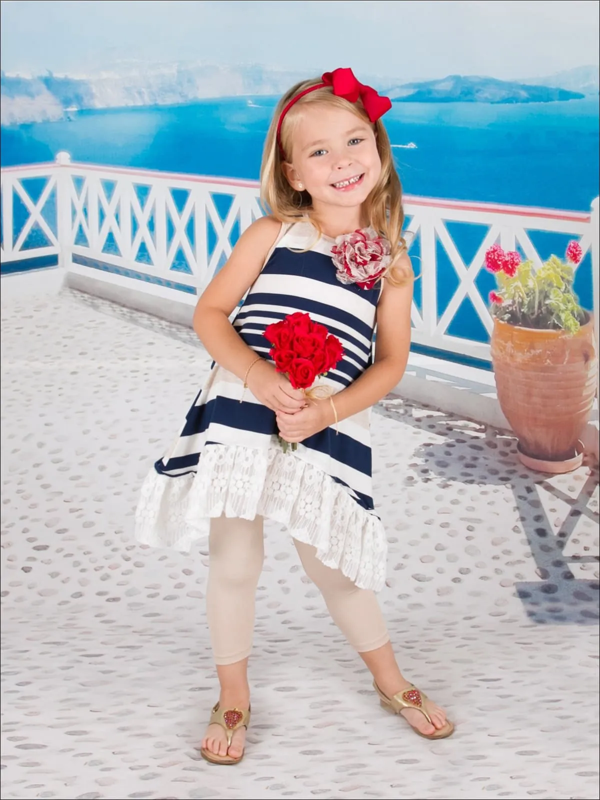 Girls Navy Oatmeal Striped Side Tail Ruffle Hem Flower Trim Tunic  And Capri Legging Set