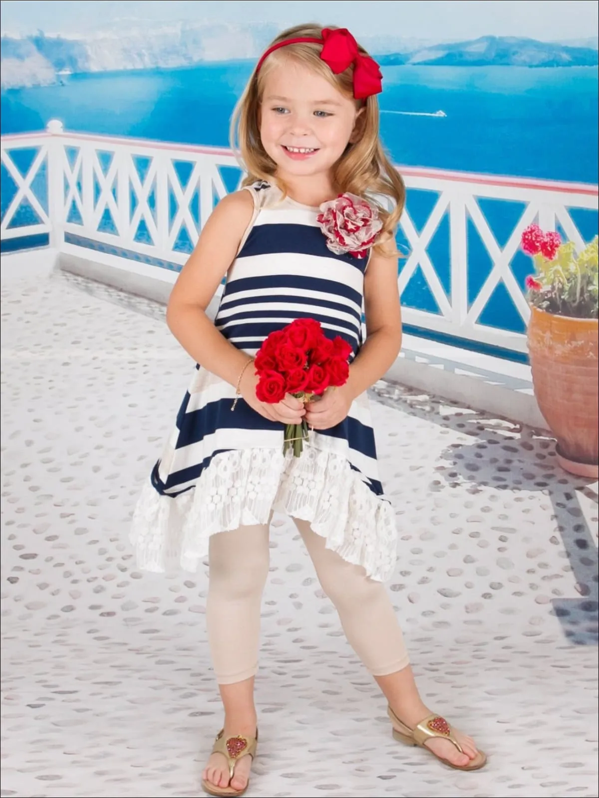 Girls Navy Oatmeal Striped Side Tail Ruffle Hem Flower Trim Tunic  And Capri Legging Set