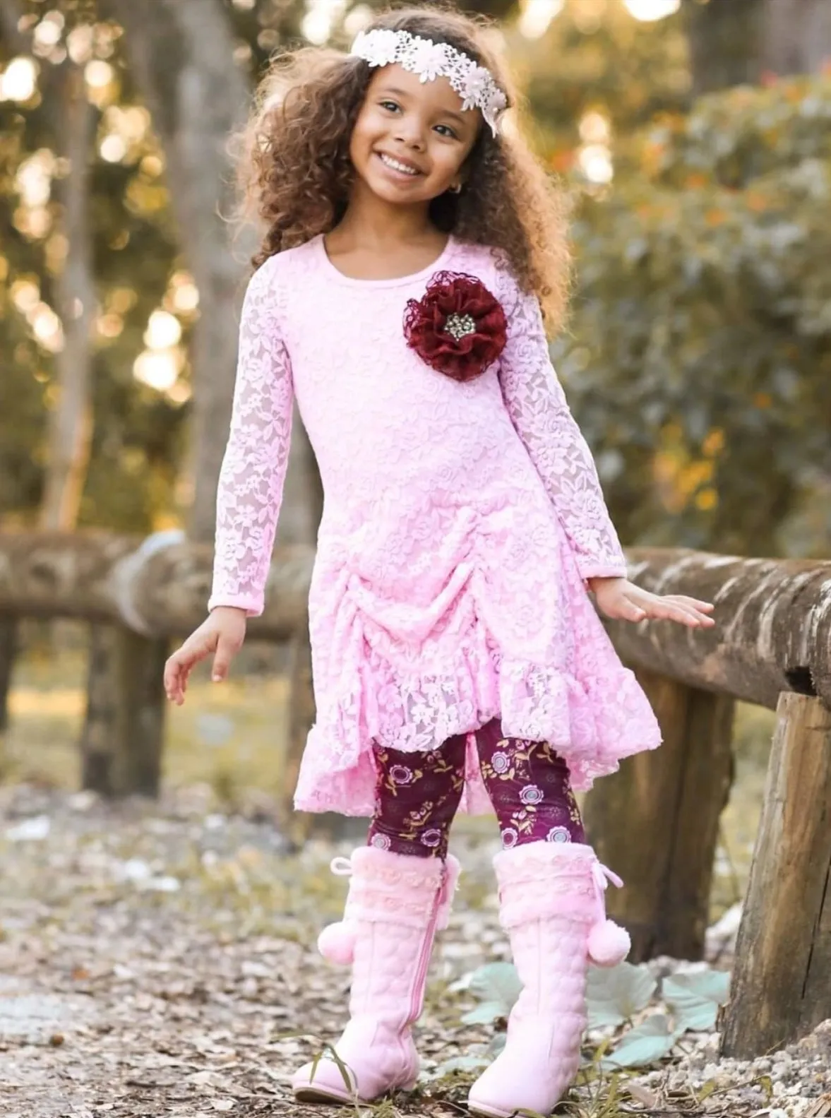 Girls Pink Drawstring Lace Tunic And Floral Legging Set