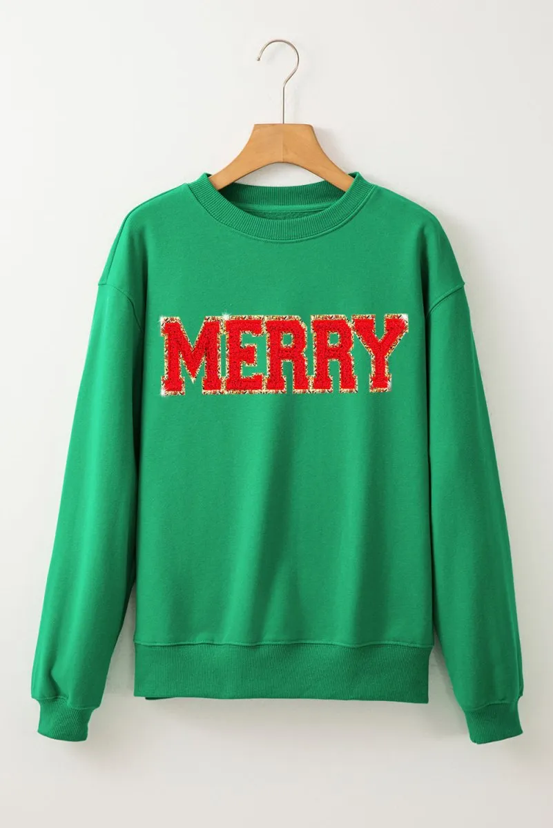 Green Christmas Chenille "MERRY" Graphic Sweatshirt