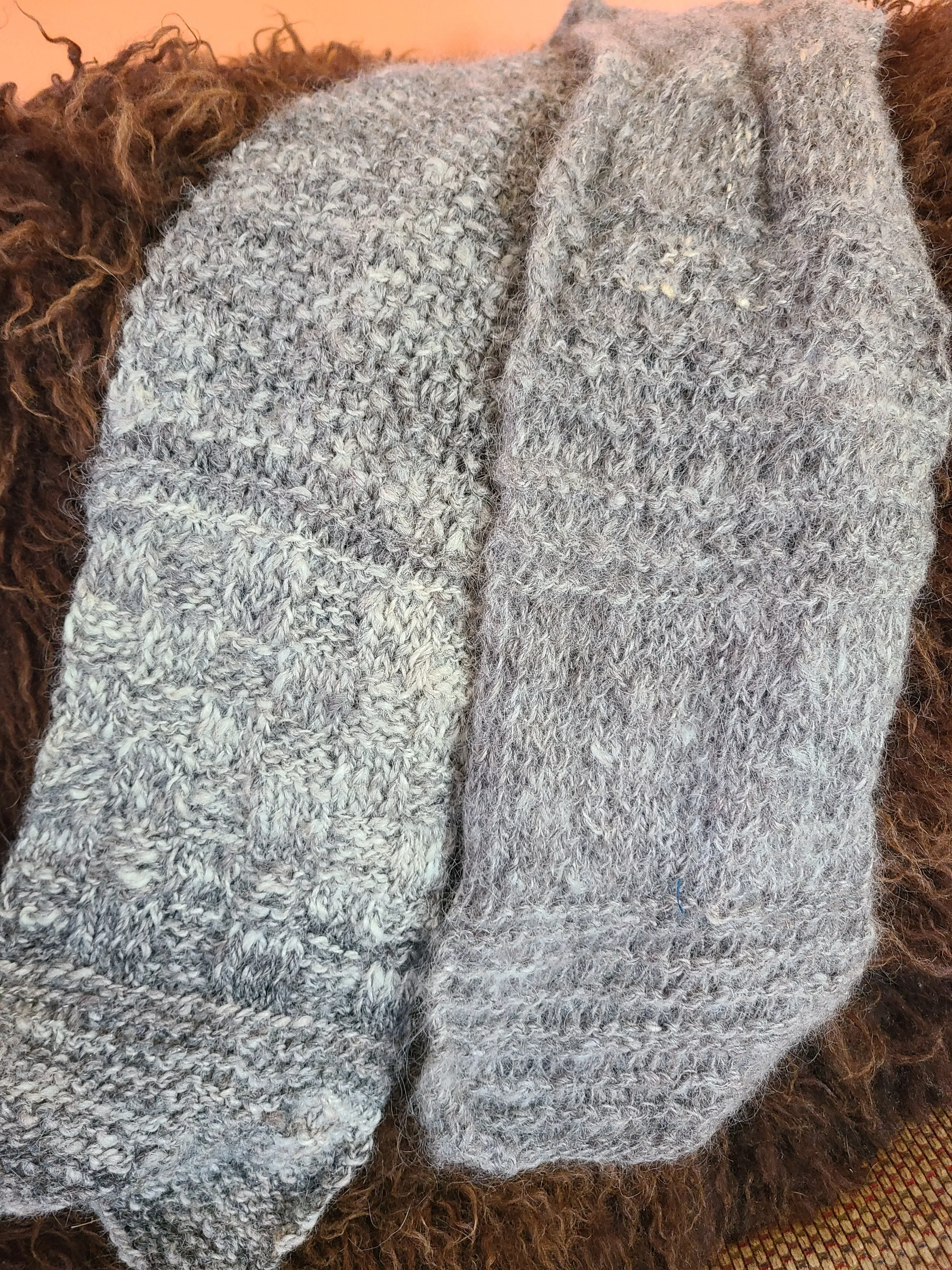 Handknit Scarf- Handspun Romney/ Mohair Gray- 58" x 6"