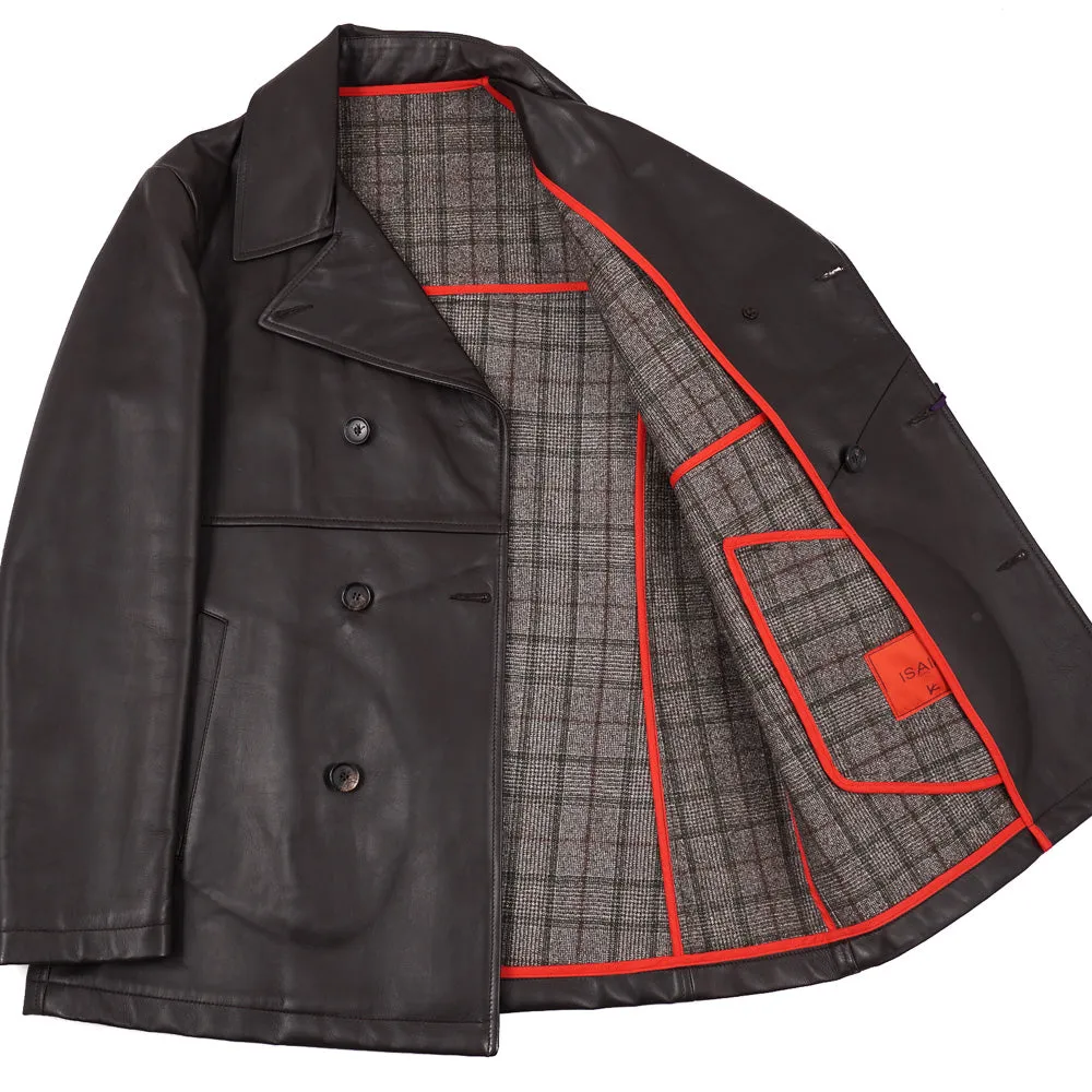 Isaia Leather Pea Coat with Wool Lining