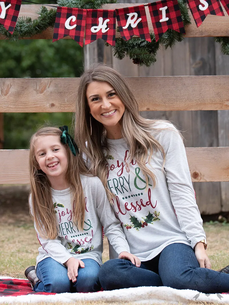 Joyful, Merry, & Blessed on Grey Longsleeve Tunic with Candy Cane Accent