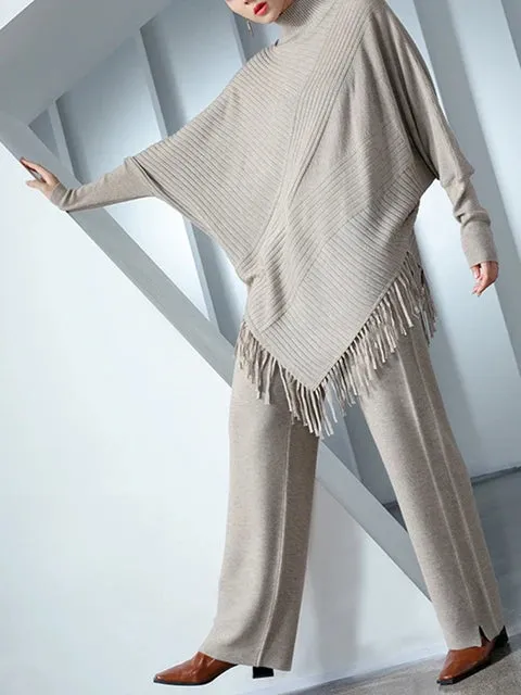 Knitted Sweater Loose Pullover Tassel Casual Stand Collar Full Sleeve Warm Thick Autumn Fashion Irregular Hem